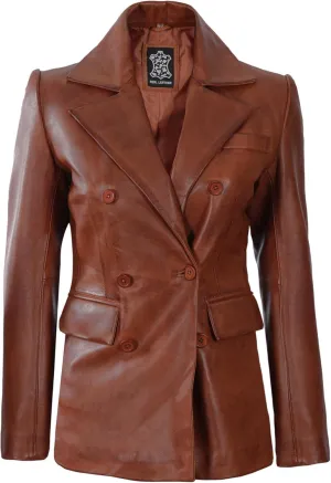 Decrum Leather Blazer Women - Classic Double Breasted Coat Women Elegant Brown and Black Blazer Jacket for Womens