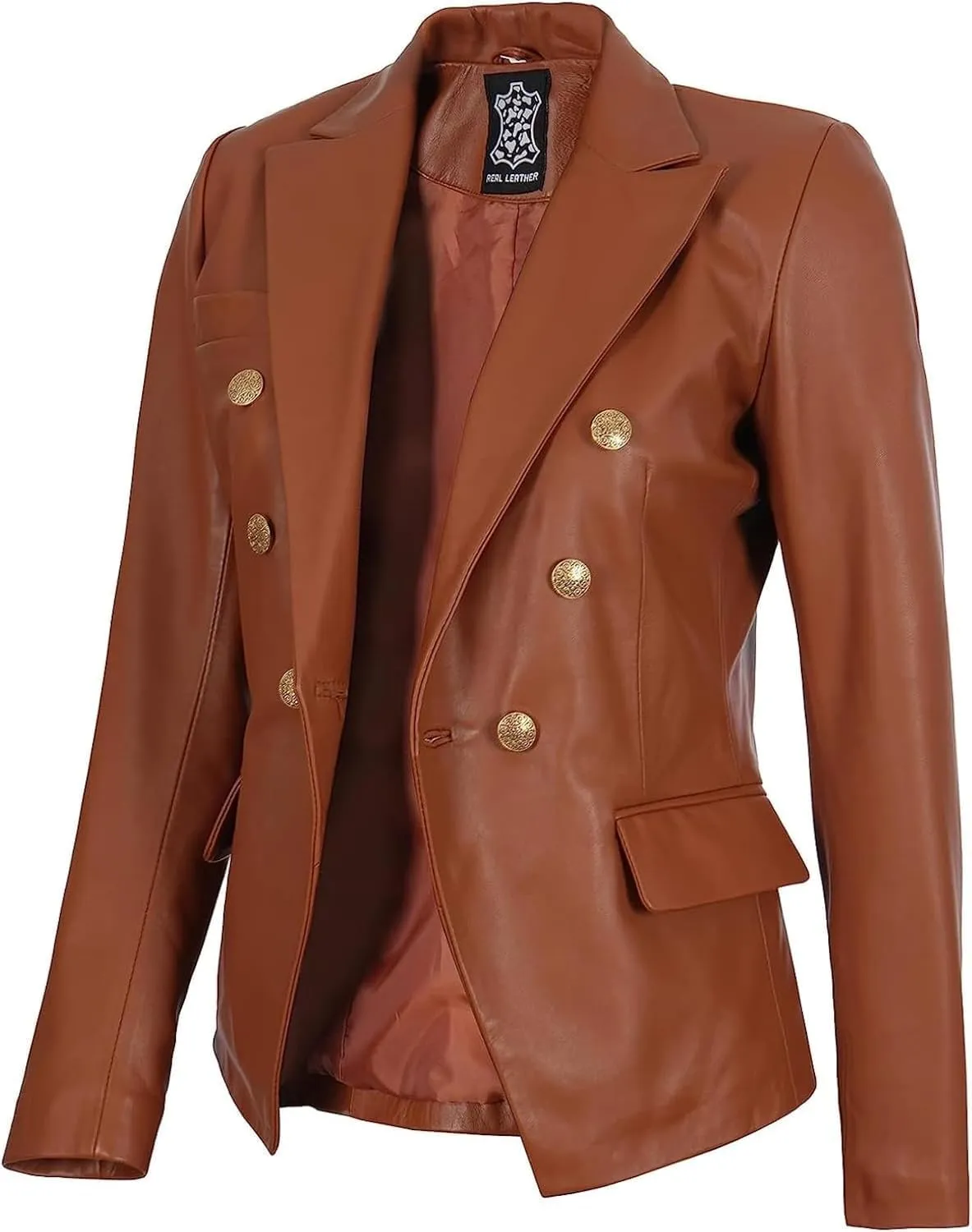 Decrum Leather Blazer Women - Classic Double Breasted Coat Women Elegant Brown and Black Blazer Jacket for Womens