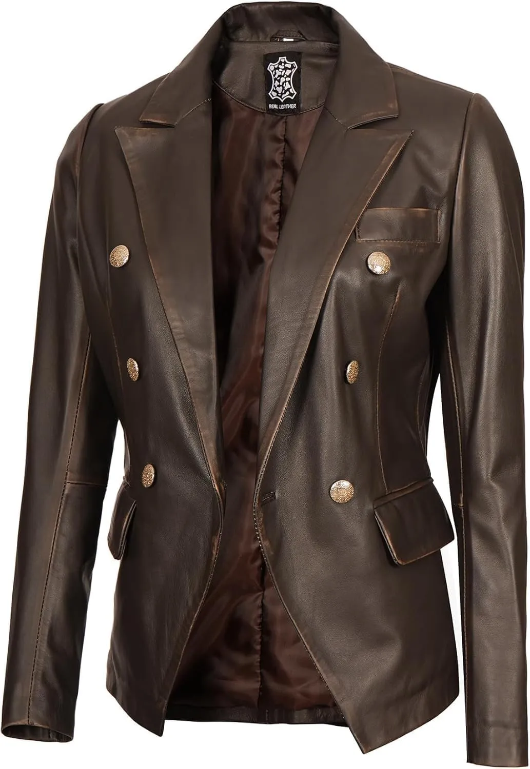 Decrum Leather Blazer Women - Classic Double Breasted Coat Women Elegant Brown and Black Blazer Jacket for Womens