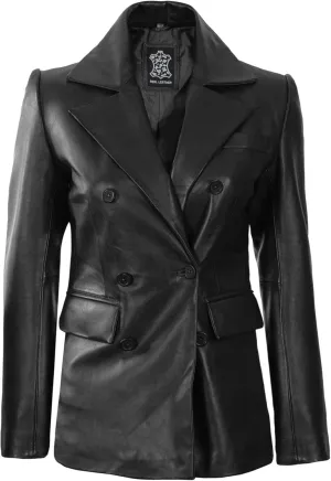 Decrum Leather Blazer Women - Classic Double Breasted Coat Women Elegant Brown and Black Blazer Jacket for Womens