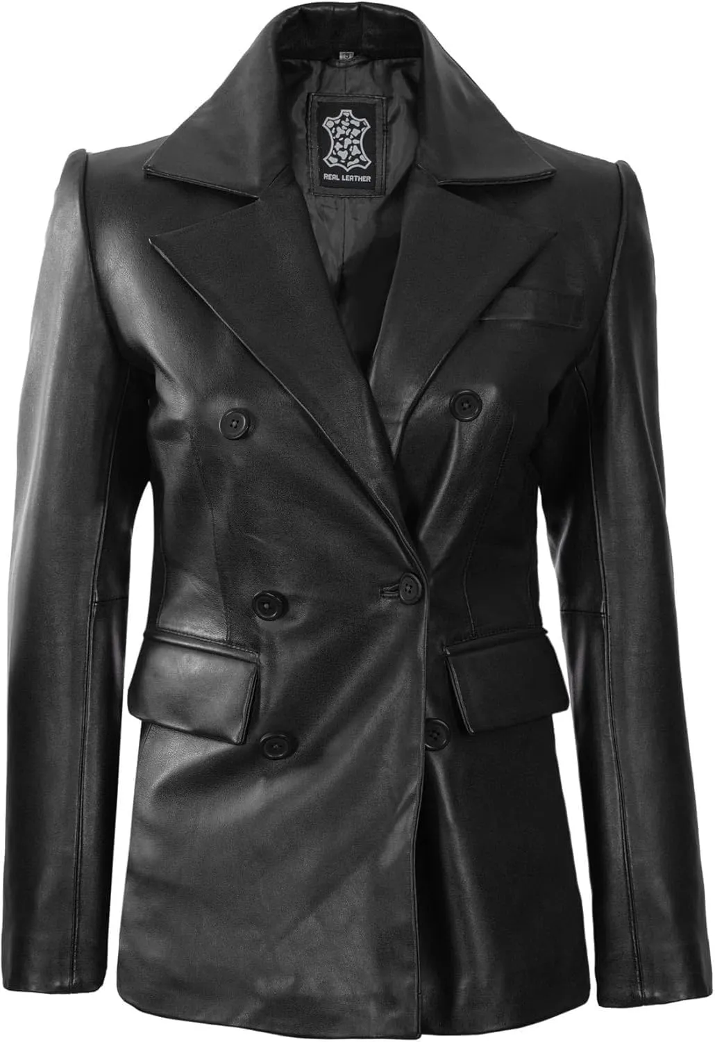 Decrum Leather Blazer Women - Classic Double Breasted Coat Women Elegant Brown and Black Blazer Jacket for Womens