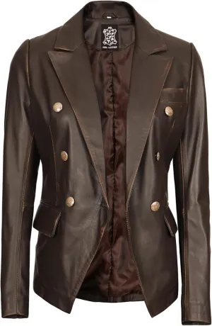 Decrum Leather Blazer Women - Classic Double Breasted Coat Women Elegant Brown and Black Blazer Jacket for Womens