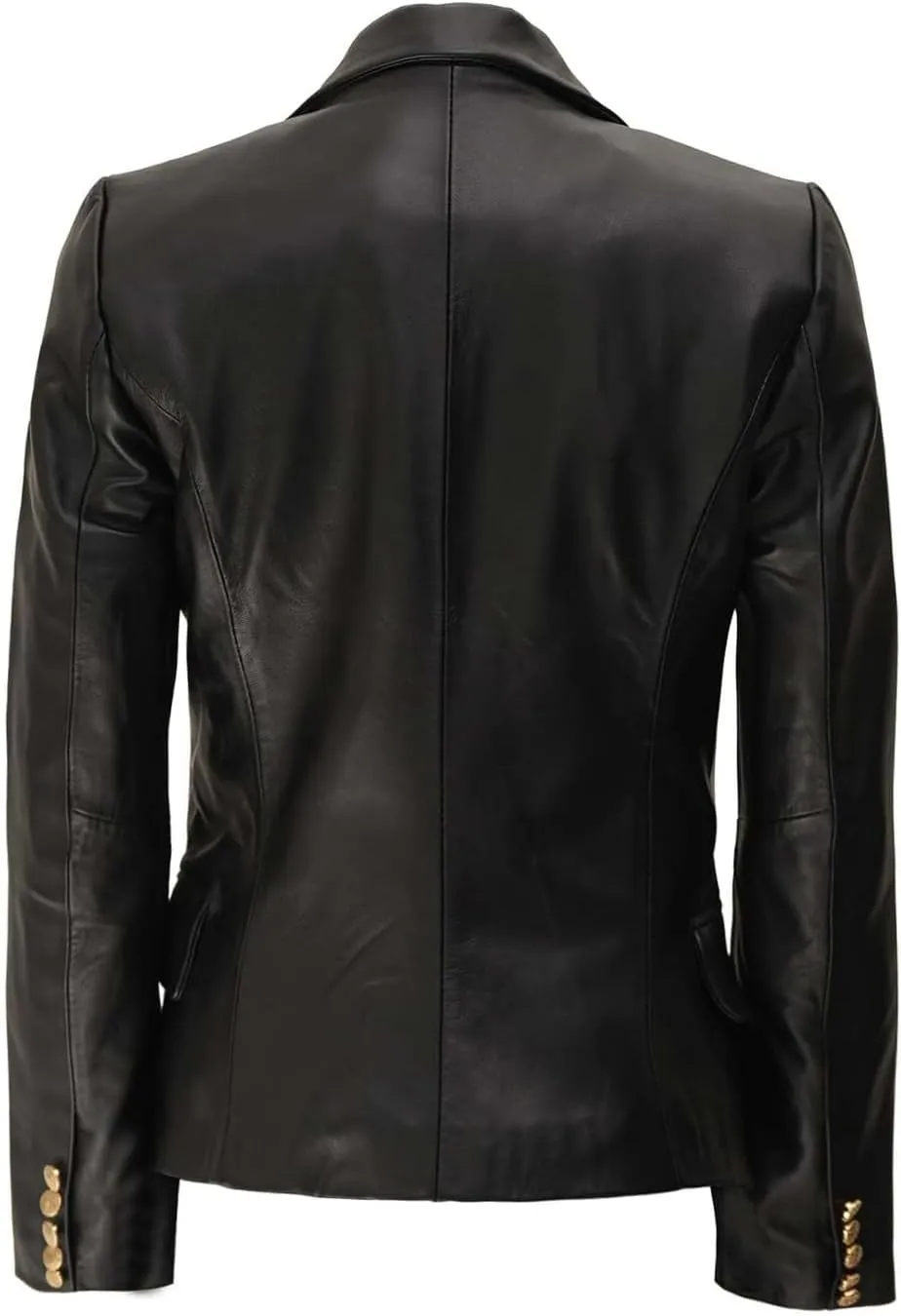 Decrum Leather Blazer Women - Classic Double Breasted Coat Women Elegant Brown and Black Blazer Jacket for Womens