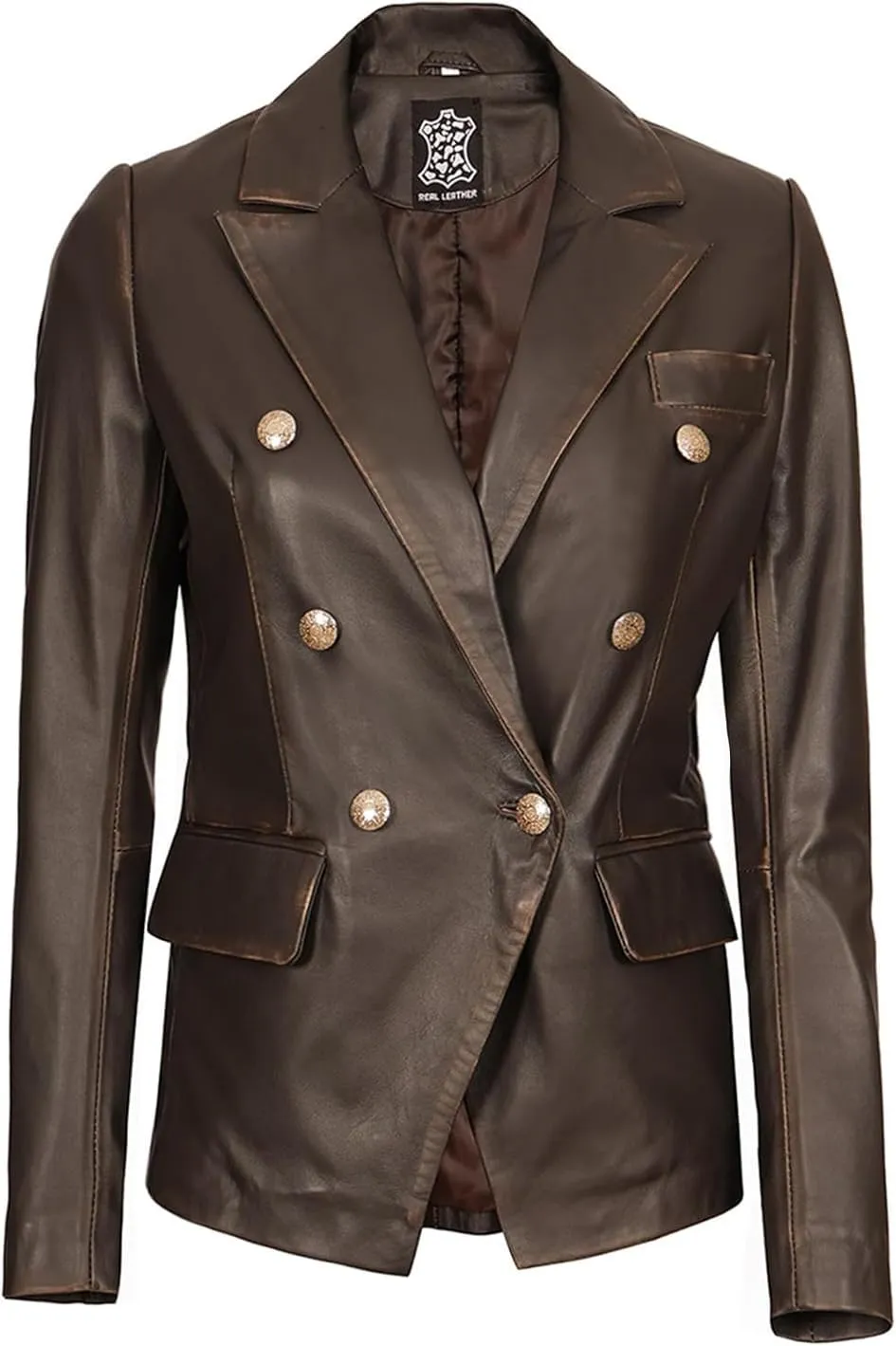 Decrum Leather Blazer Women - Classic Double Breasted Coat Women Elegant Brown and Black Blazer Jacket for Womens