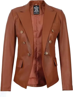 Decrum Leather Blazer Women - Classic Double Breasted Coat Women Elegant Brown and Black Blazer Jacket for Womens