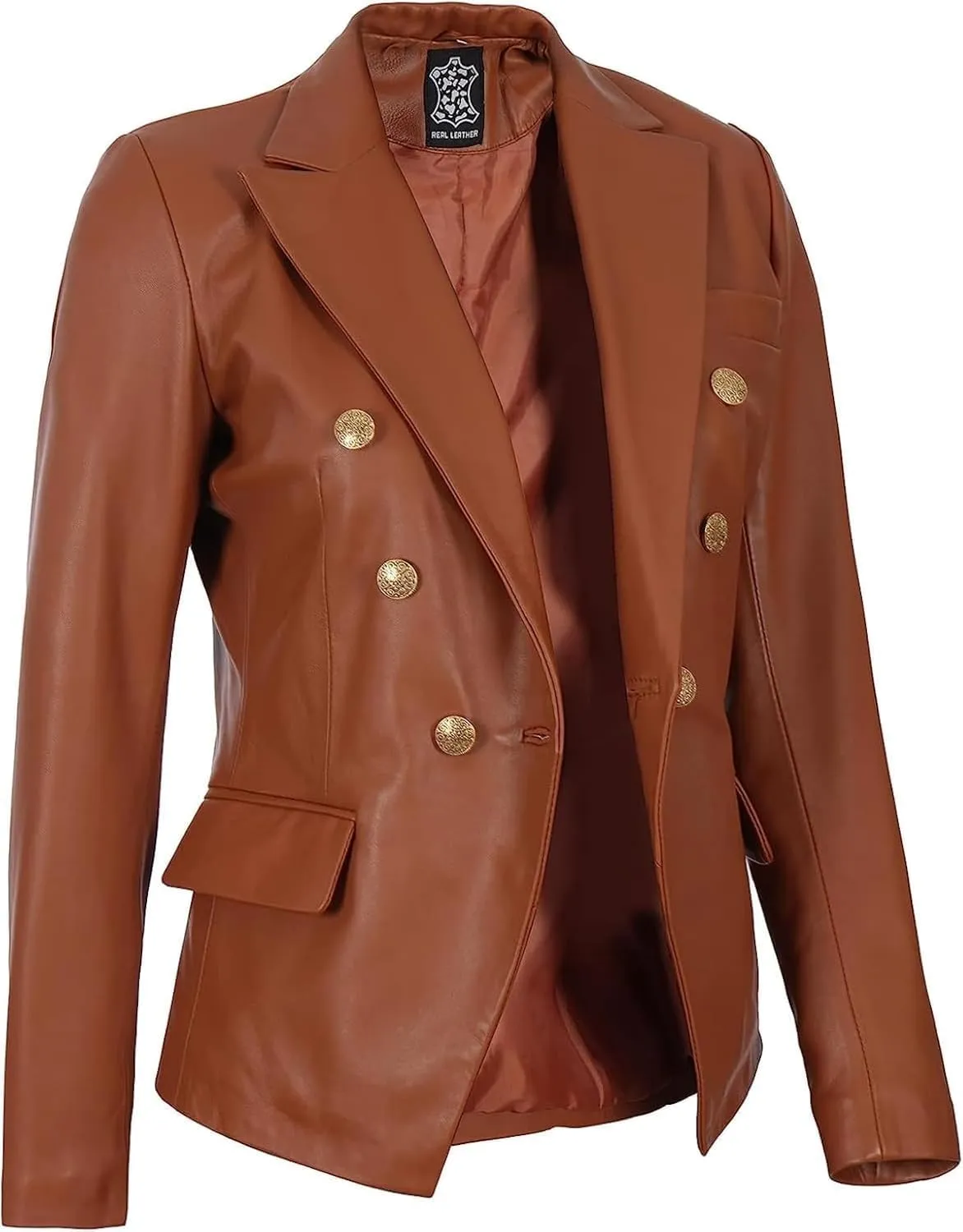 Decrum Leather Blazer Women - Classic Double Breasted Coat Women Elegant Brown and Black Blazer Jacket for Womens