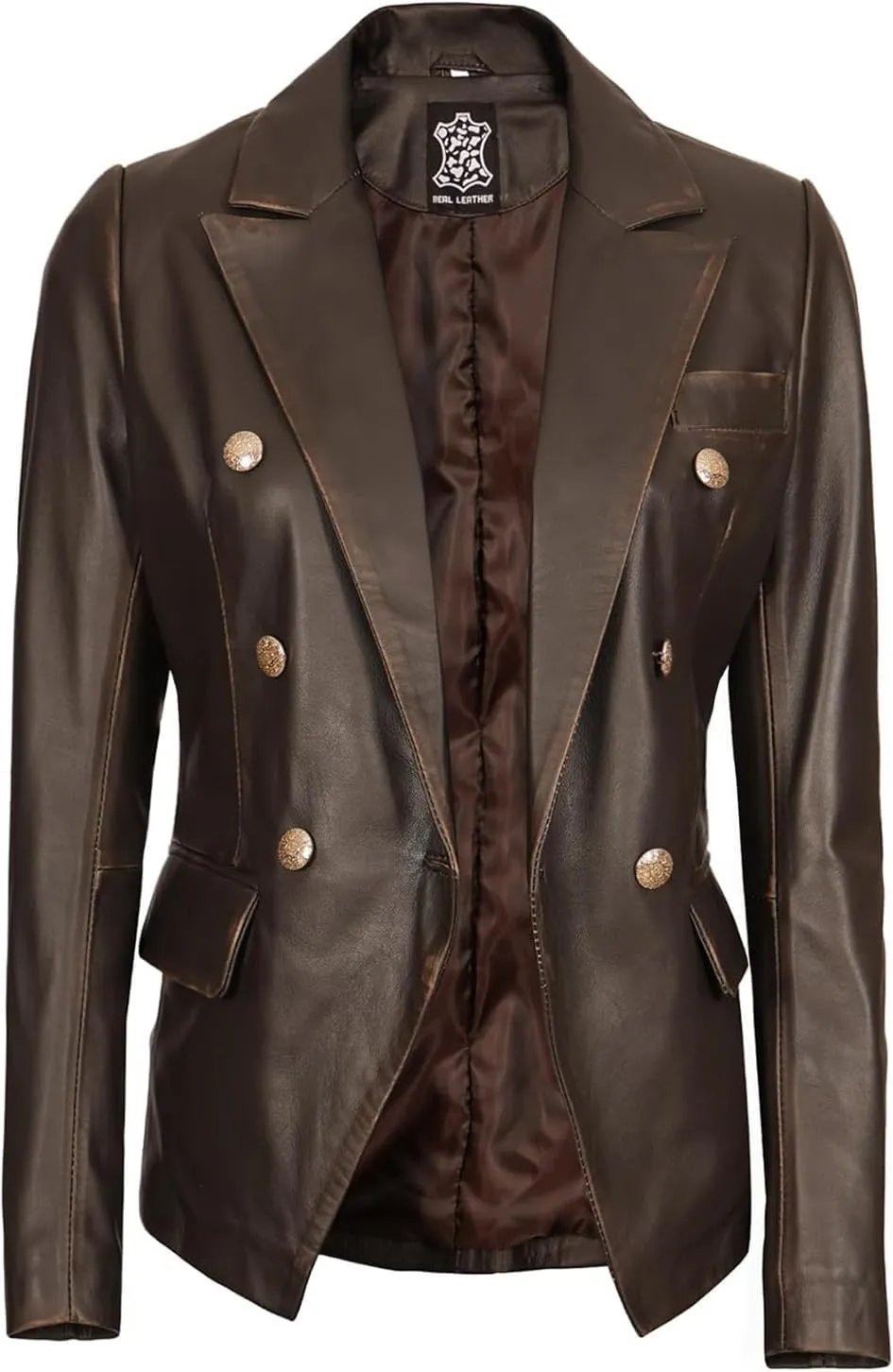 Decrum Leather Blazer Women - Classic Double Breasted Coat Women Elegant Brown and Black Blazer Jacket for Womens
