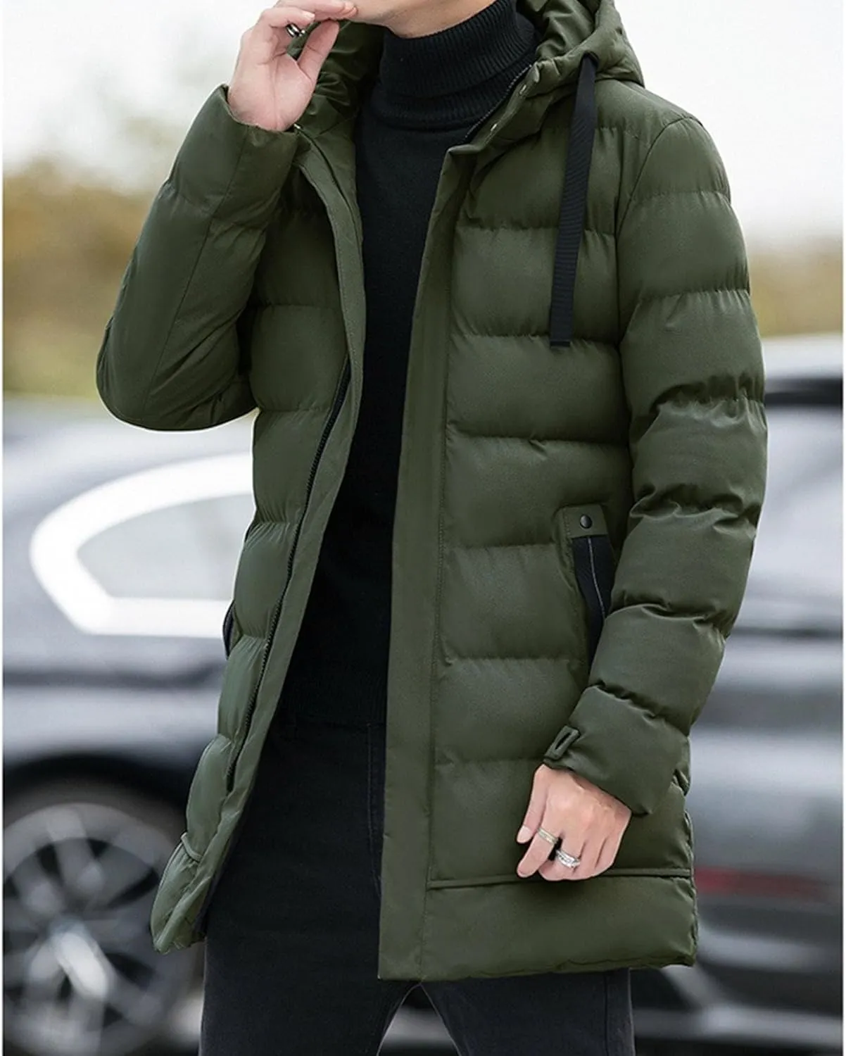 DGHM-JLMY Mens Mid Length Padded Cotton Jacket Hooded Windproof Thicken Puffer Coat Long Down Coats Warm Winter Outerwear