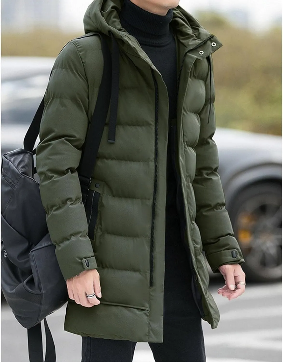 DGHM-JLMY Mens Mid Length Padded Cotton Jacket Hooded Windproof Thicken Puffer Coat Long Down Coats Warm Winter Outerwear