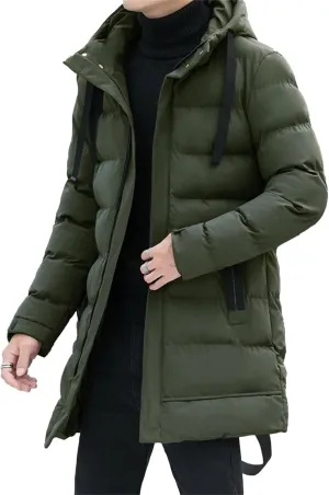 DGHM-JLMY Mens Mid Length Padded Cotton Jacket Hooded Windproof Thicken Puffer Coat Long Down Coats Warm Winter Outerwear