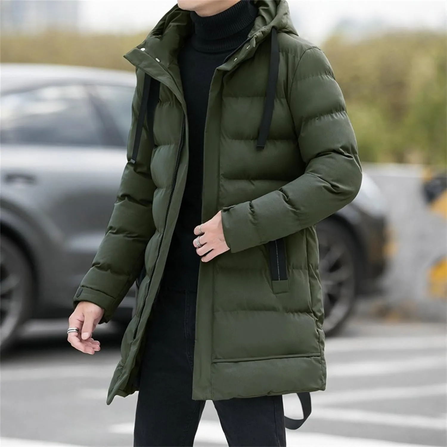 DGHM-JLMY Mens Mid Length Padded Cotton Jacket Hooded Windproof Thicken Puffer Coat Long Down Coats Warm Winter Outerwear