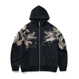 Dragon Embroidered Zip-Up Hoodie