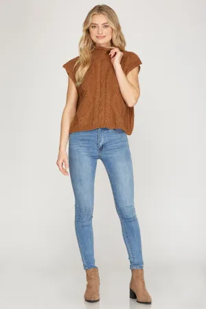 Drop Shoulder Sleeveless Cable Knit Sweater Knit Top - Caramel