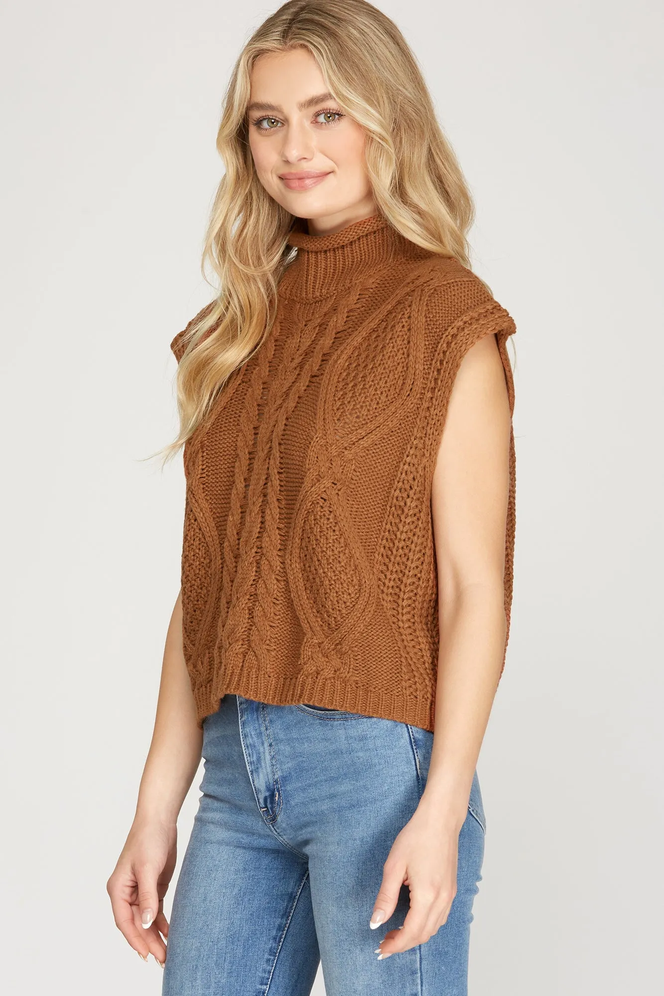 Drop Shoulder Sleeveless Cable Knit Sweater Knit Top - Caramel