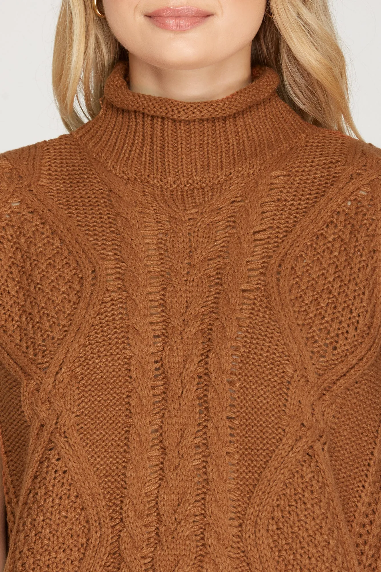 Drop Shoulder Sleeveless Cable Knit Sweater Knit Top - Caramel