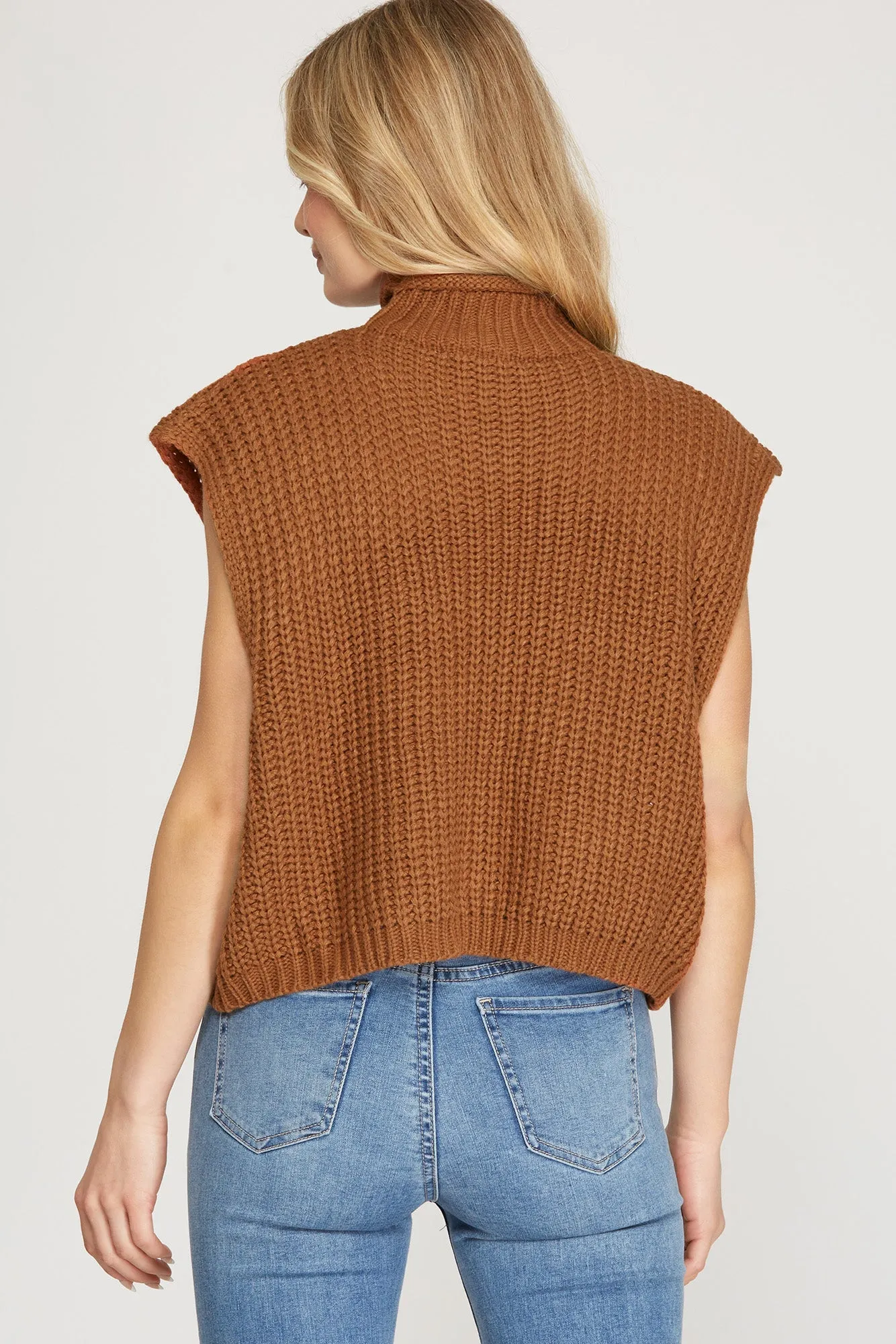 Drop Shoulder Sleeveless Cable Knit Sweater Knit Top - Caramel