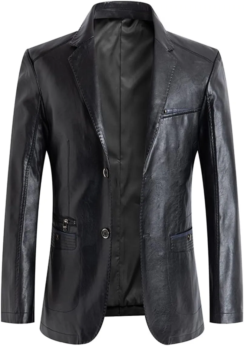 ebossy Mens Classic Notched Lapel Leather Blazer Jacket Genuine Lambskin Slim Trucker Coat