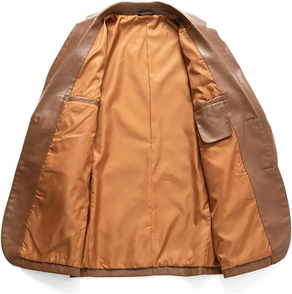 ebossy Mens Classic Notched Lapel Leather Blazer Jacket Genuine Lambskin Slim Trucker Coat
