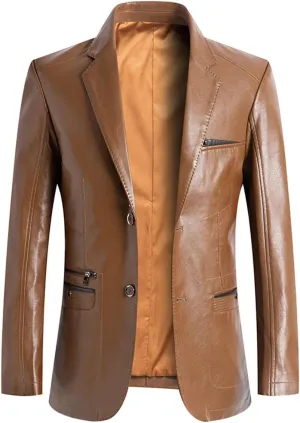 ebossy Mens Classic Notched Lapel Leather Blazer Jacket Genuine Lambskin Slim Trucker Coat