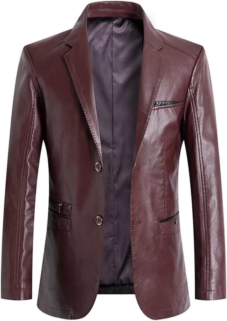 ebossy Mens Classic Notched Lapel Leather Blazer Jacket Genuine Lambskin Slim Trucker Coat