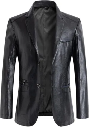 ebossy Mens Classic Notched Lapel Leather Blazer Jacket Genuine Lambskin Slim Trucker Coat