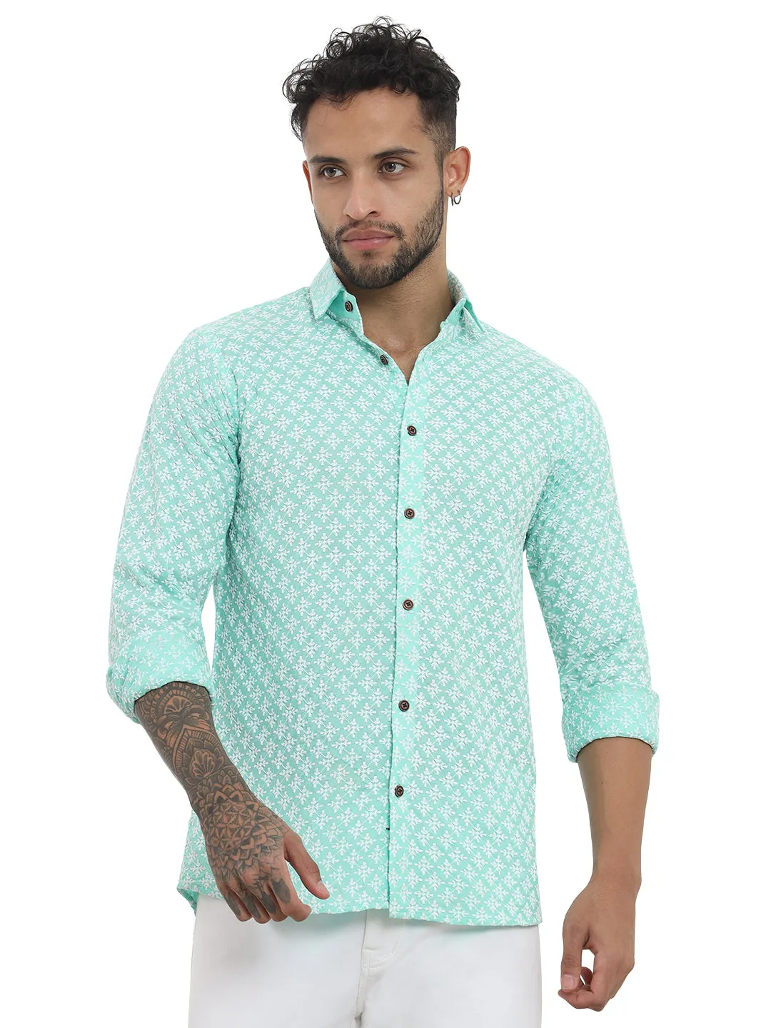 Firangi Yarn Super Soft Full Sleeves Chikankari schiffli Embroided Men's Shirt Sea Green