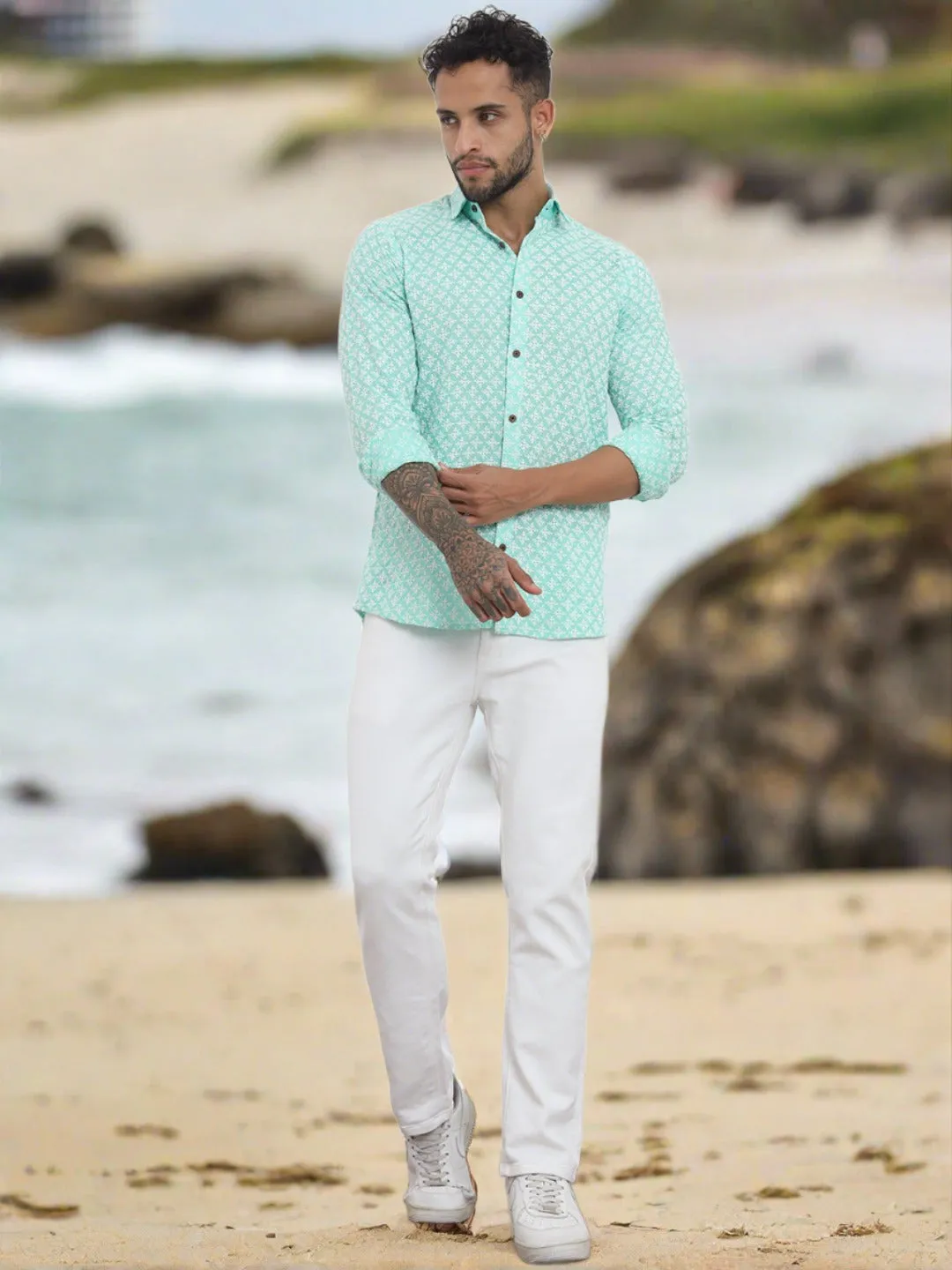 Firangi Yarn Super Soft Full Sleeves Chikankari schiffli Embroided Men's Shirt Sea Green