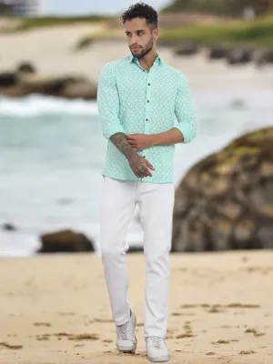 Firangi Yarn Super Soft Full Sleeves Chikankari schiffli Embroided Men's Shirt Sea Green