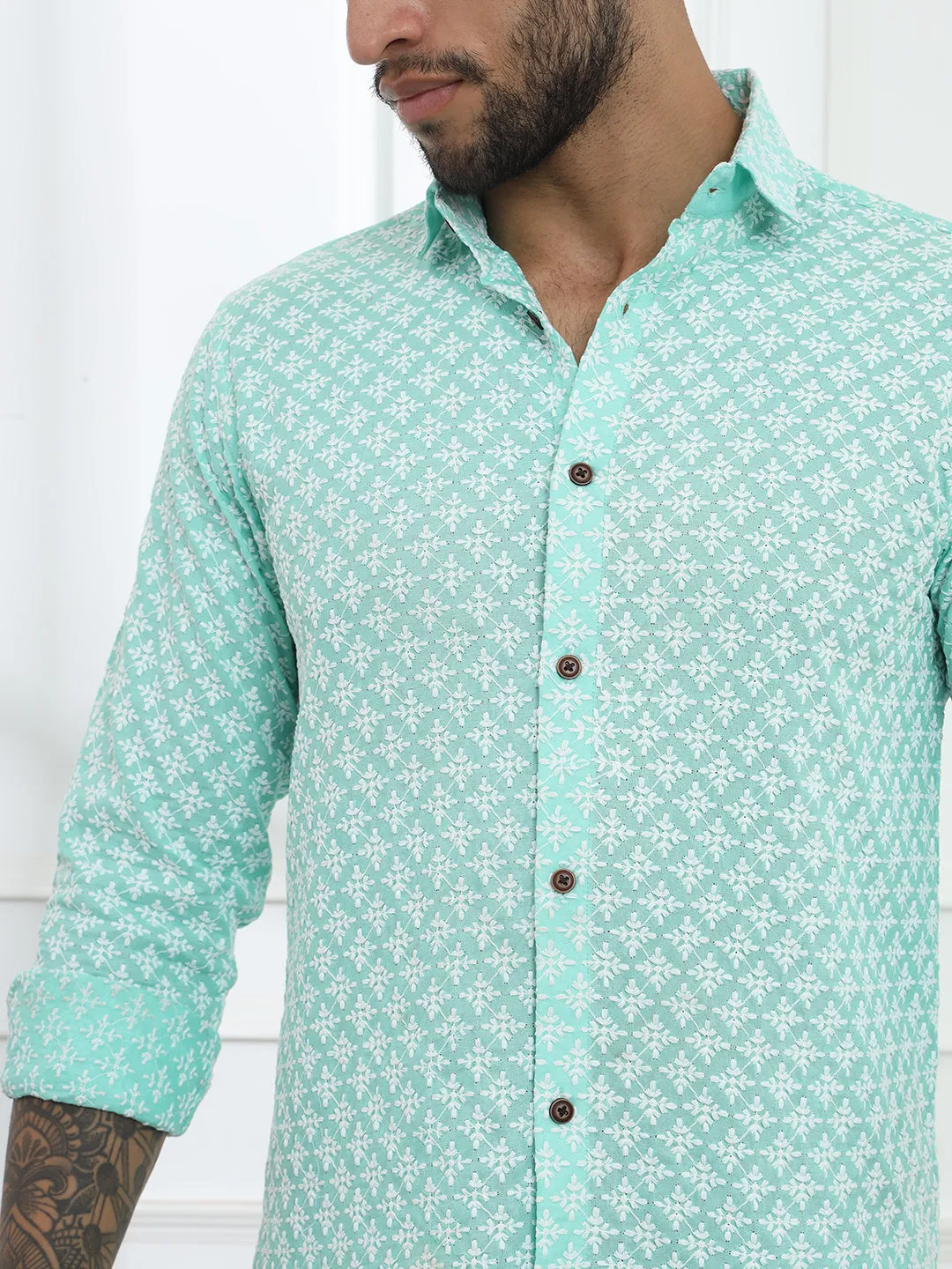 Firangi Yarn Super Soft Full Sleeves Chikankari schiffli Embroided Men's Shirt Sea Green