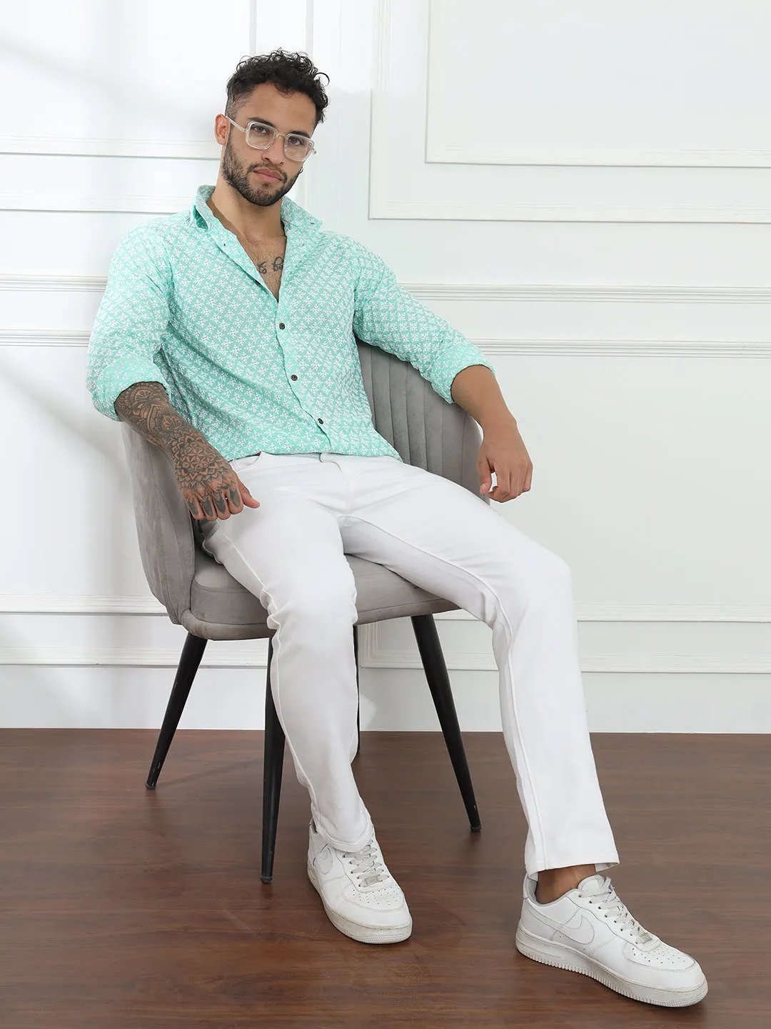 Firangi Yarn Super Soft Full Sleeves Chikankari schiffli Embroided Men's Shirt Sea Green