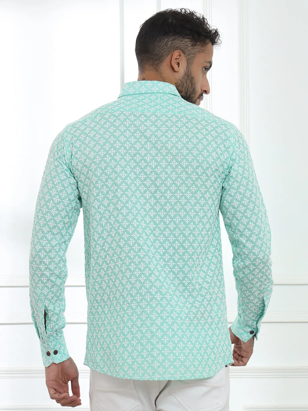 Firangi Yarn Super Soft Full Sleeves Chikankari schiffli Embroided Men's Shirt Sea Green