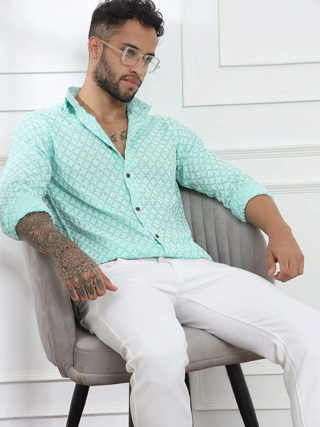 Firangi Yarn Super Soft Full Sleeves Chikankari schiffli Embroided Men's Shirt Sea Green