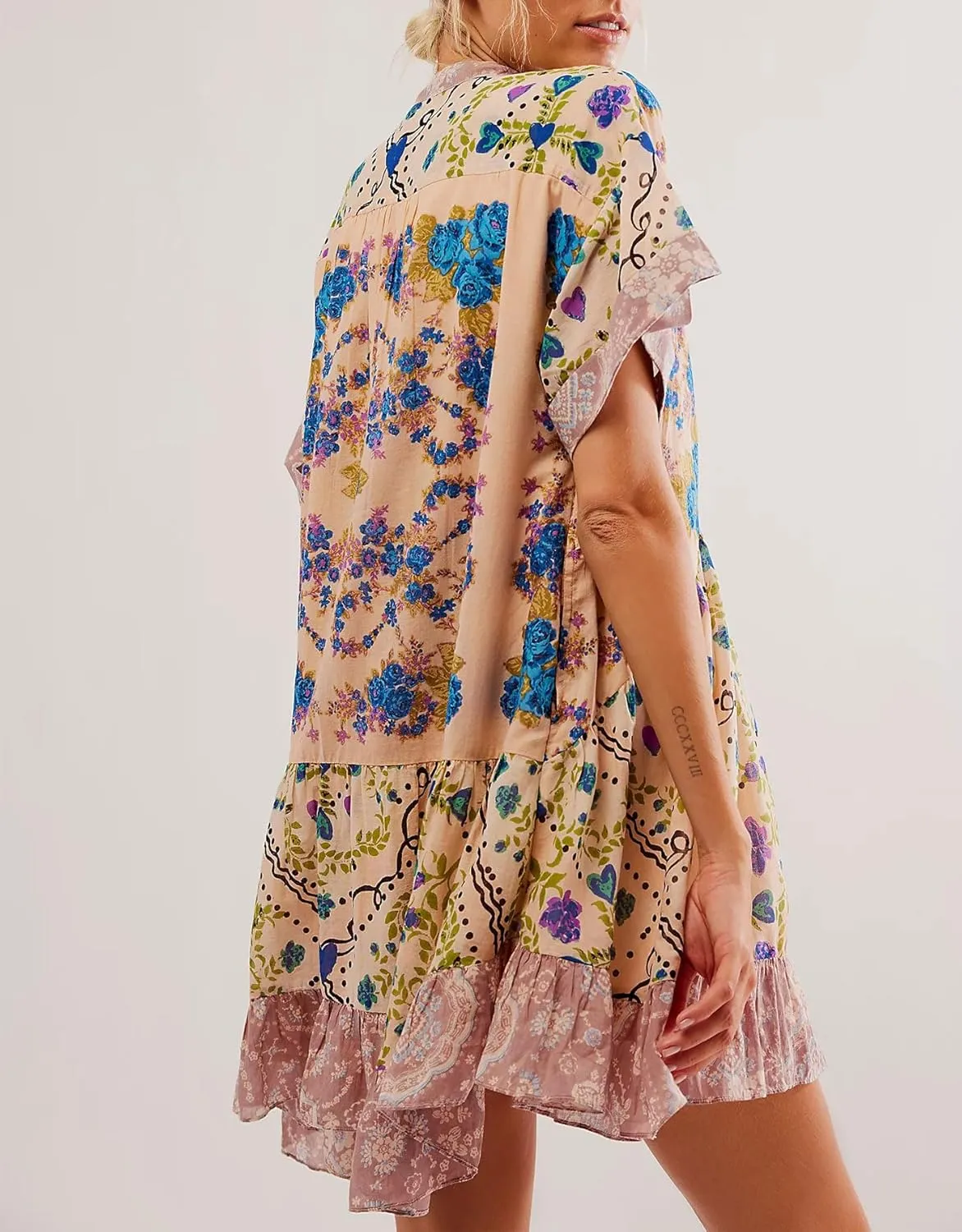 Floral Boho Dresses for Women Casual V Neck Babydoll Dress Summer Swing Ruffle Mini Sundress