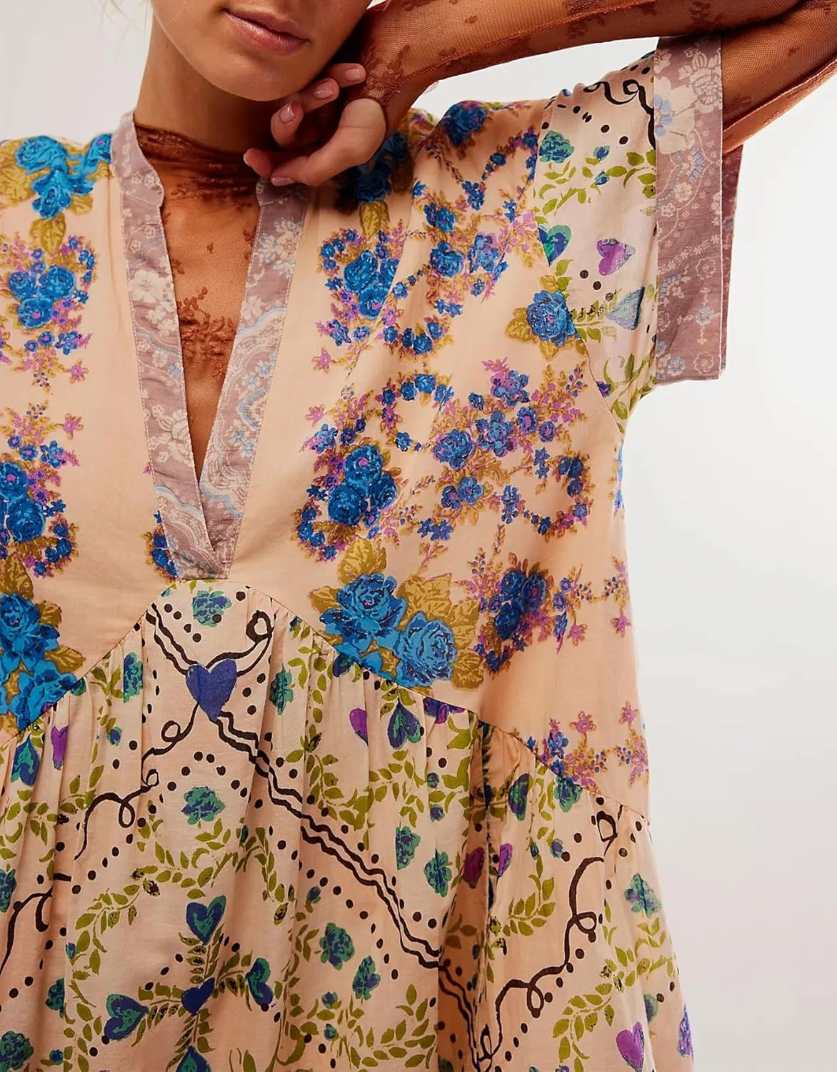 Floral Boho Dresses for Women Casual V Neck Babydoll Dress Summer Swing Ruffle Mini Sundress