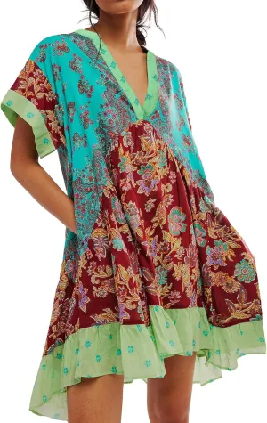 Floral Boho Dresses for Women Casual V Neck Babydoll Dress Summer Swing Ruffle Mini Sundress