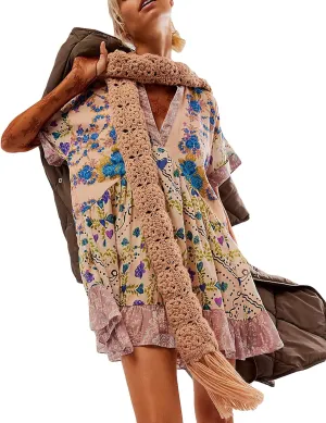 Floral Boho Dresses for Women Casual V Neck Babydoll Dress Summer Swing Ruffle Mini Sundress