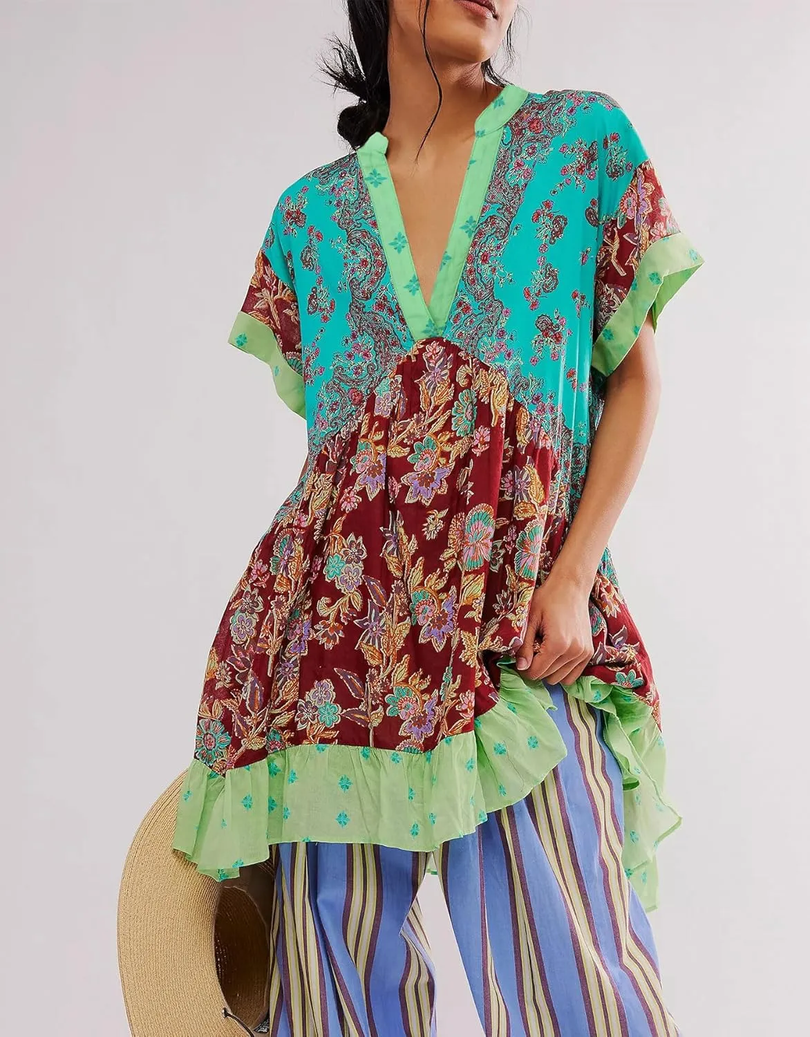 Floral Boho Dresses for Women Casual V Neck Babydoll Dress Summer Swing Ruffle Mini Sundress