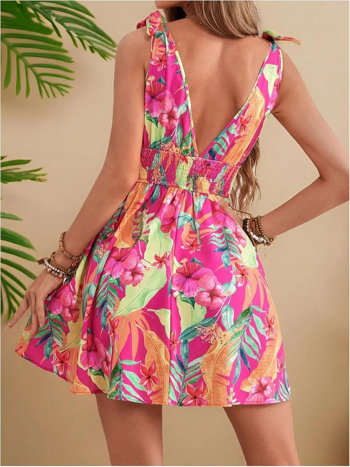 GORGLITTER Women's Floral Tropical Bow Tie Mini Dresses V Neck Sleeveless Open Back Flowy Dress Summer Beach Dress 2025
