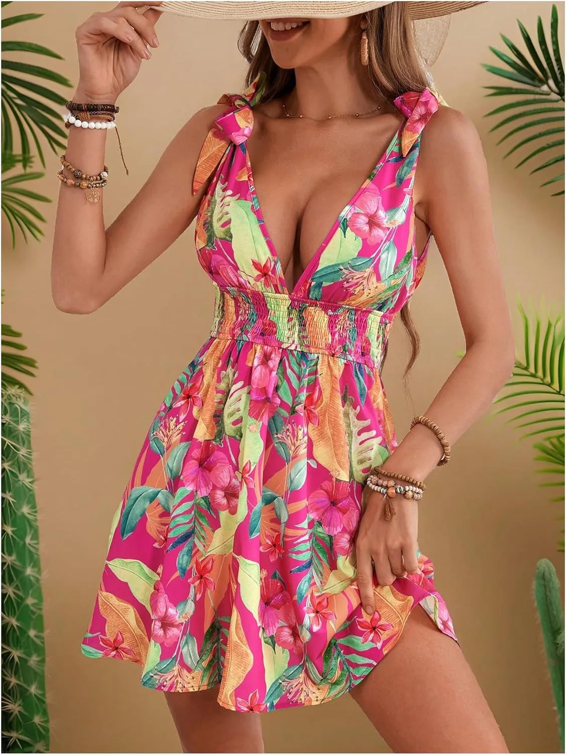 GORGLITTER Women's Floral Tropical Bow Tie Mini Dresses V Neck Sleeveless Open Back Flowy Dress Summer Beach Dress 2025