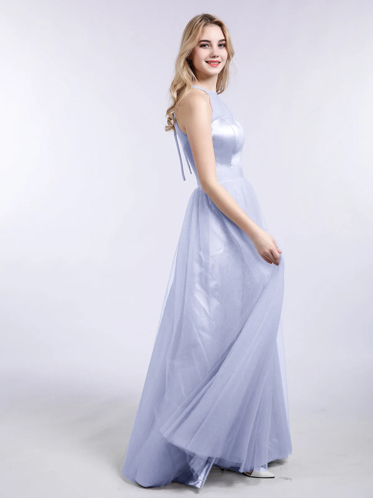 Illusion Neckline Long Tulle Dress-Lavender