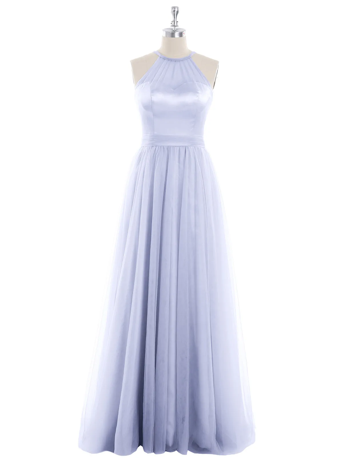 Illusion Neckline Long Tulle Dress-Lavender