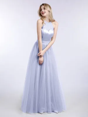 Illusion Neckline Long Tulle Dress-Lavender