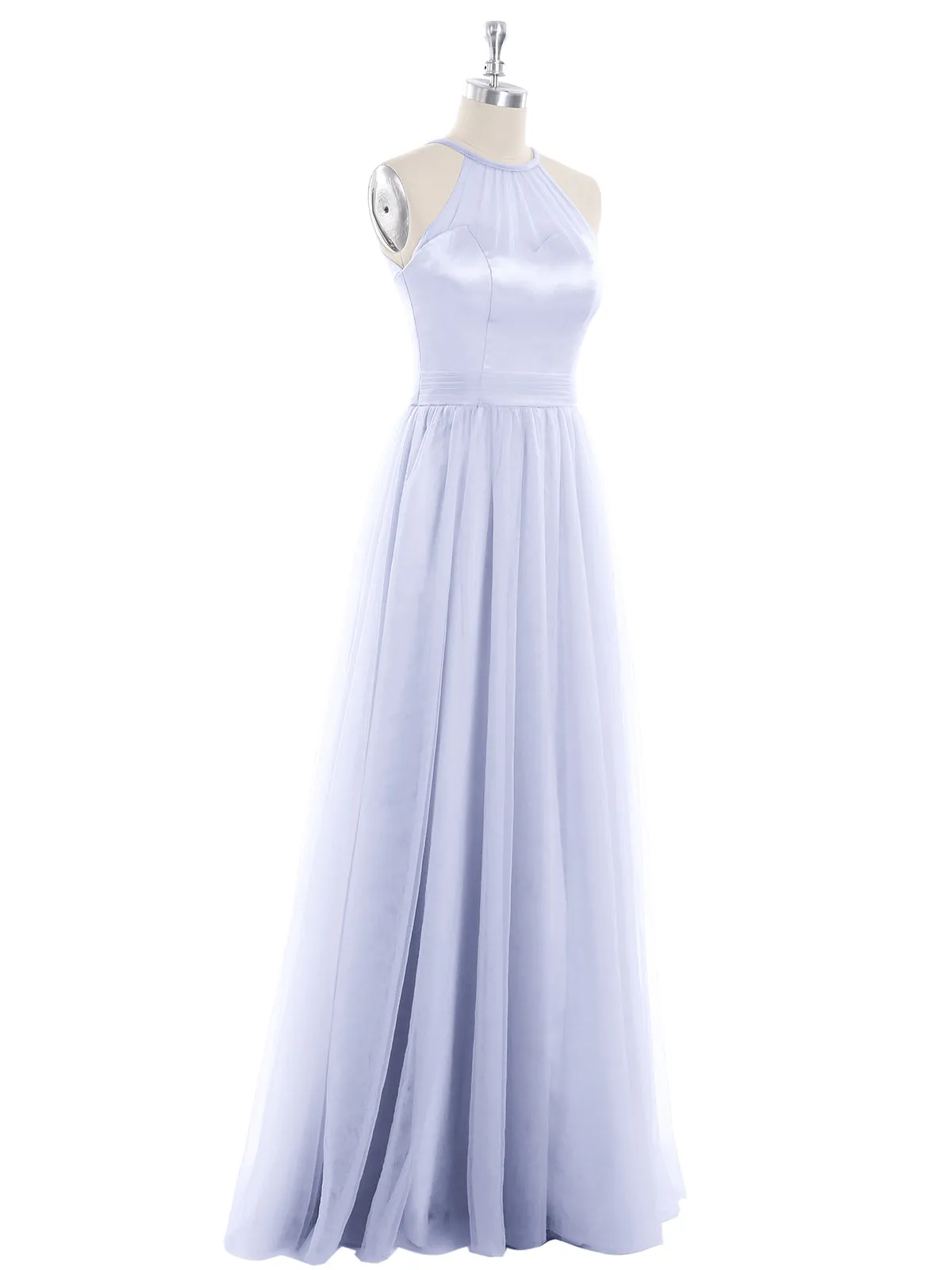 Illusion Neckline Long Tulle Dress-Lavender