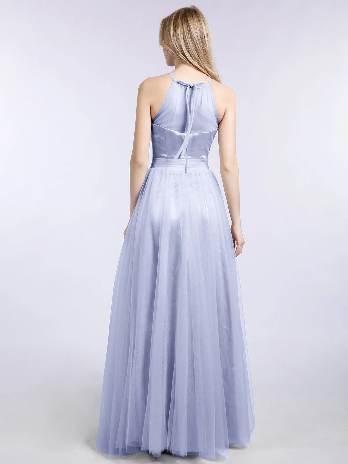 Illusion Neckline Long Tulle Dress-Lavender