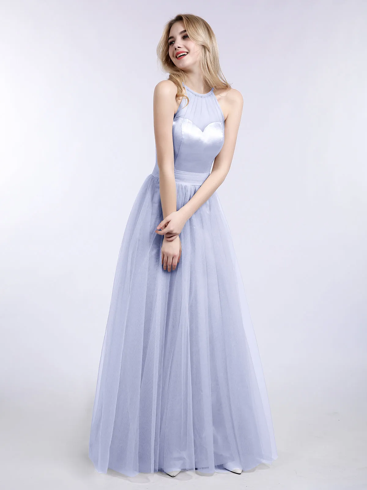 Illusion Neckline Long Tulle Dress-Lavender