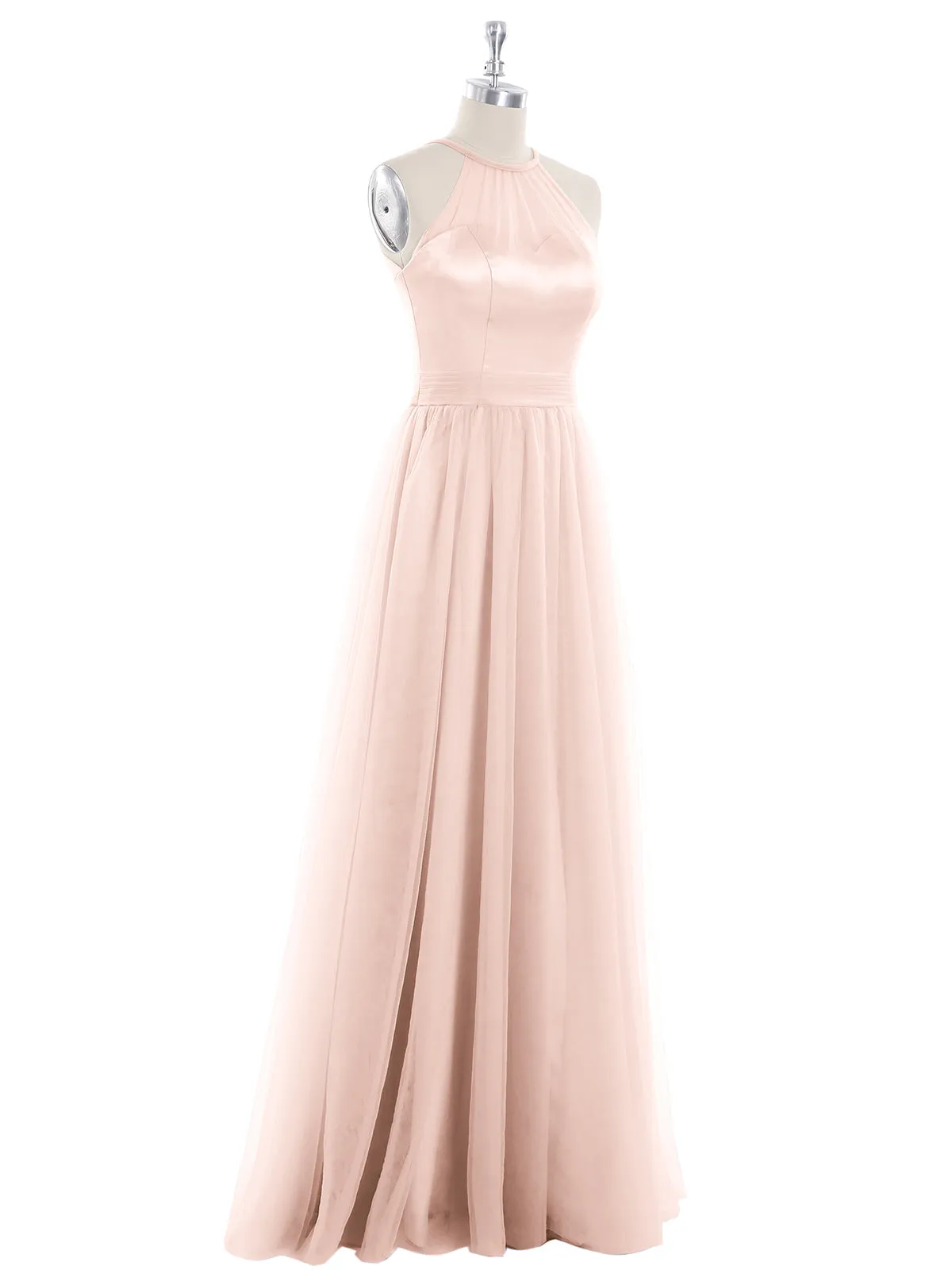 Illusion Neckline Long Tulle Dress-Pearl Pink Plus Size