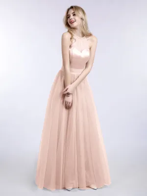 Illusion Neckline Long Tulle Dress-Pearl Pink Plus Size
