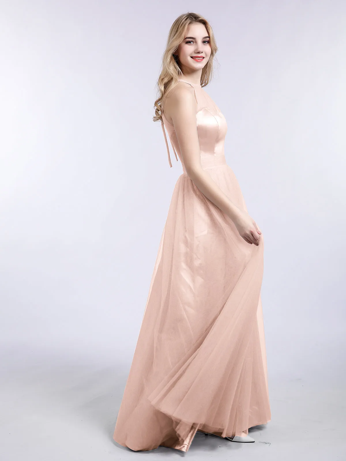 Illusion Neckline Long Tulle Dress-Pearl Pink Plus Size