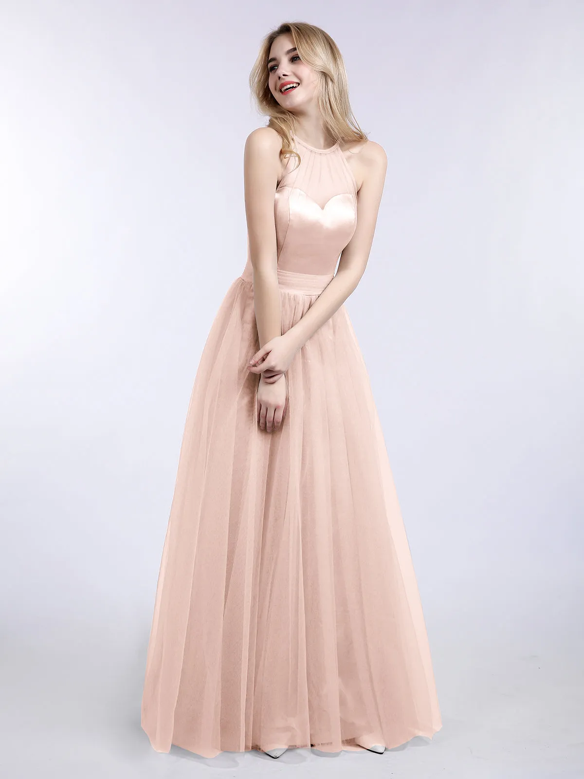 Illusion Neckline Long Tulle Dress-Pearl Pink Plus Size