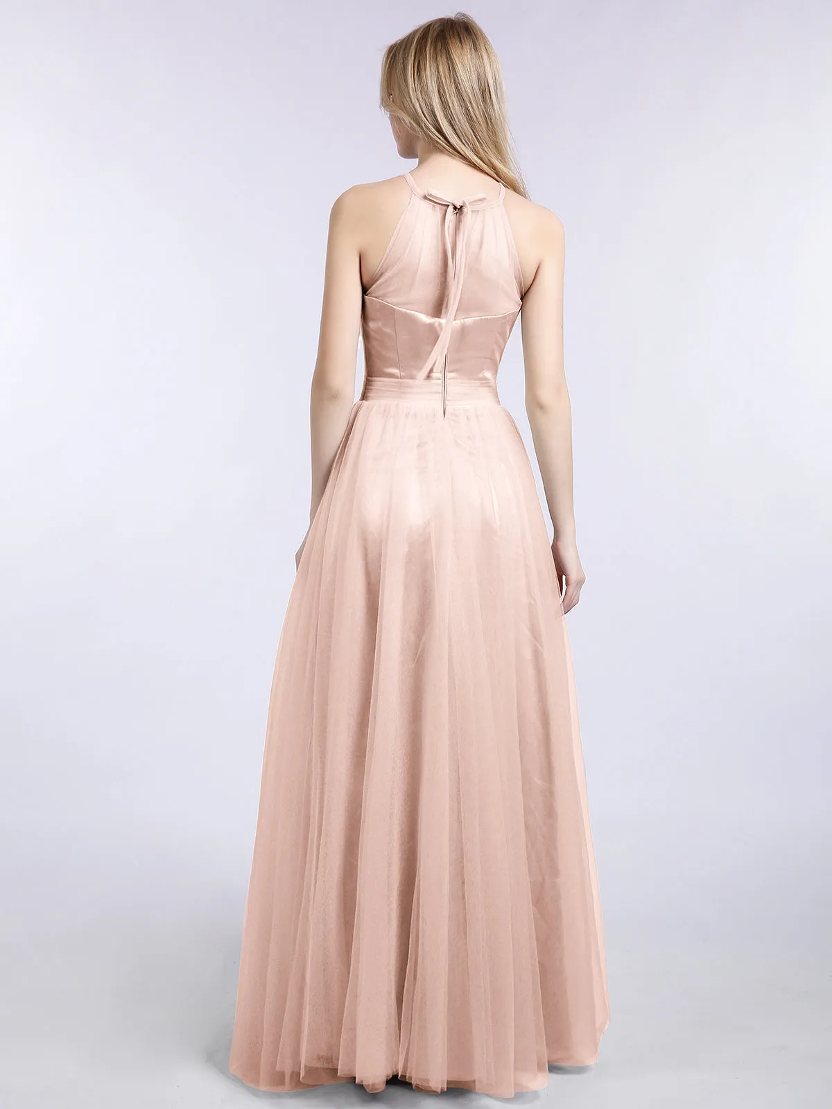 Illusion Neckline Long Tulle Dress-Pearl Pink Plus Size
